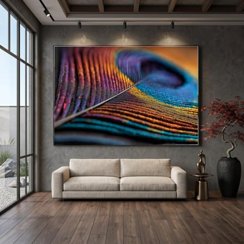 Lienzo con primer plano de pluma de pavo real, arte mural de naturaleza colorida, decoración abstracta de plumas, lienzo texturizado de vida silvestre, decoración del hogar (21x30cm/marco interior)