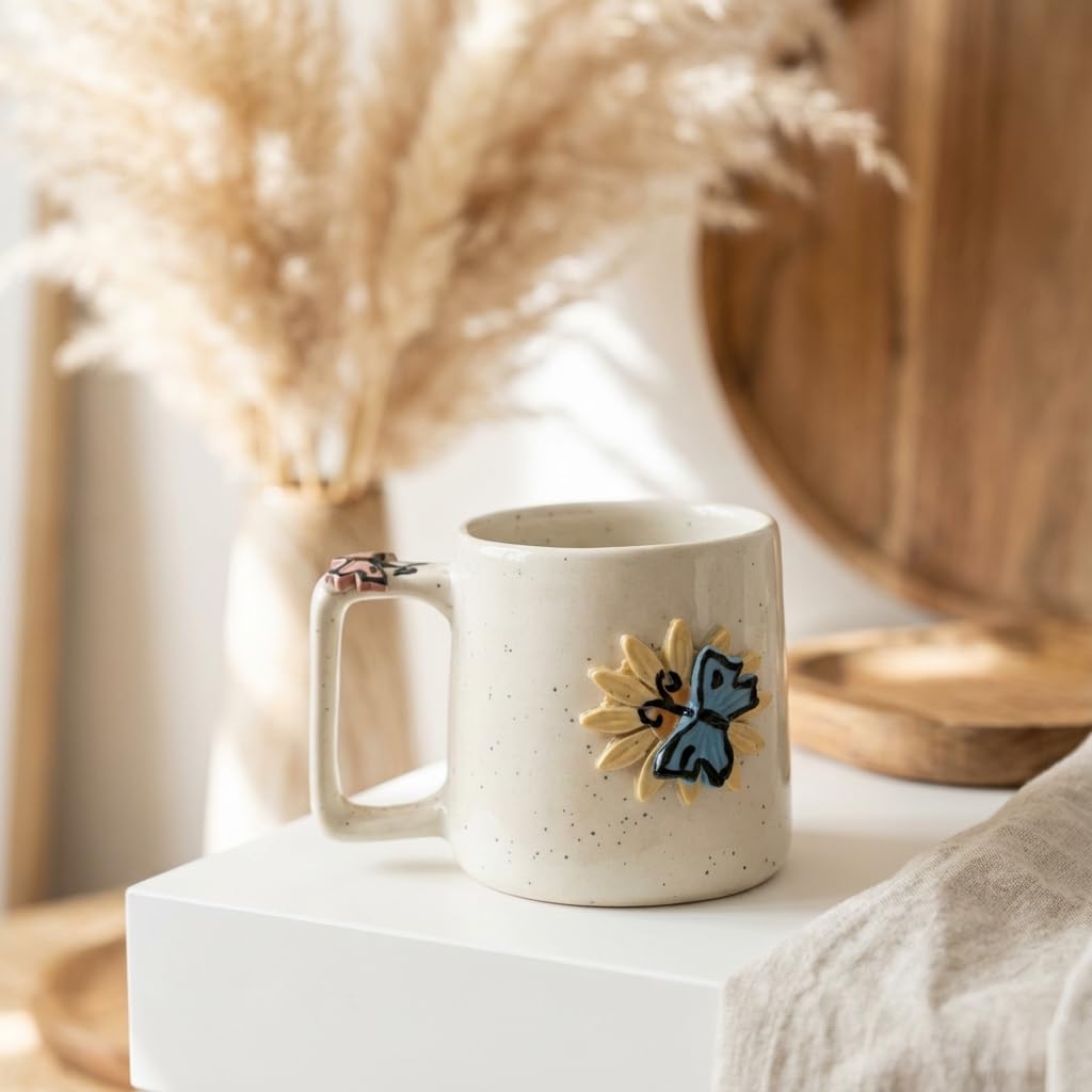 Kalaa By N Ceramic Coffee Mug 300ml Butterfly Flower Design | Handmade Tea Cup for Home Office | Microwave Dishwasher Safe | Gift for Women Girls Set of 1 - Image 8 thumbnail