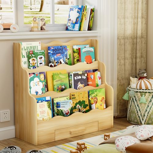 Image of 3-Tier Montessori Scalloped Kids Bookshelf, 29.6 inch Wide Natural Wood Forward Facing Bookcase for Toddlers, Children's Book Display and Organizer for Playroom, Nursery, Bedroom or Classroom