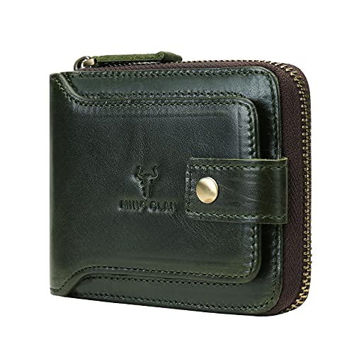 Image of MING CLAN Leather RFID Blocking Bifold Wallet For Men With Zipper, Flap ID Window Zip Coin Pocket, Big Capacity Credit Card Holder For Travel, Green, Medium, Zipper Wallet