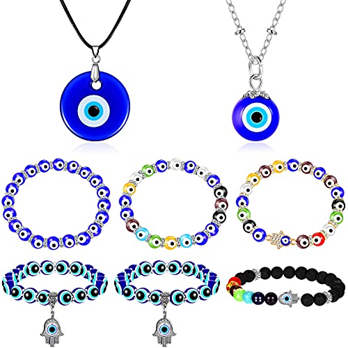 8 Pieces Evil Eye Necklace and Bracelet Set, Evil Eye Hamsa Beaded Charm Bracelet Stretch Glass Turkish Eye Bead Bracelet, Evil Eye Pendant Necklace Blue Eyes Amulet Mal De Ojo Lucky Necklace