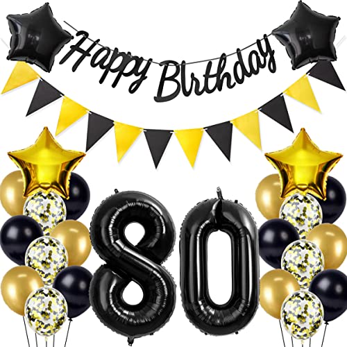 Globos de aire negro/oro, 80, decoración de cumpleaños para hombre y mujer, decoración de cumpleaños de 80 años, globos de 80 años, decoración