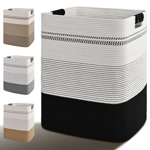 Image of Laundry Hamper, 95L Tall Laundry Basket with Leather Handles, Rectangle Large Clothes Hamper for Organizing, Cotton Woven Laundry Baskets Storage Hampers for Bedroom, Nursery, Living Room