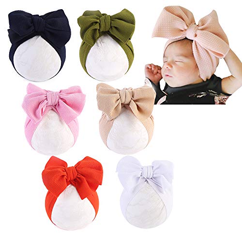 Image of Baby Girl Velvet Big Hair Bow Knotted Head Wrap Oversized Bow Beanie India Cap Warm for Newborn Infant Toddlers 6PCS