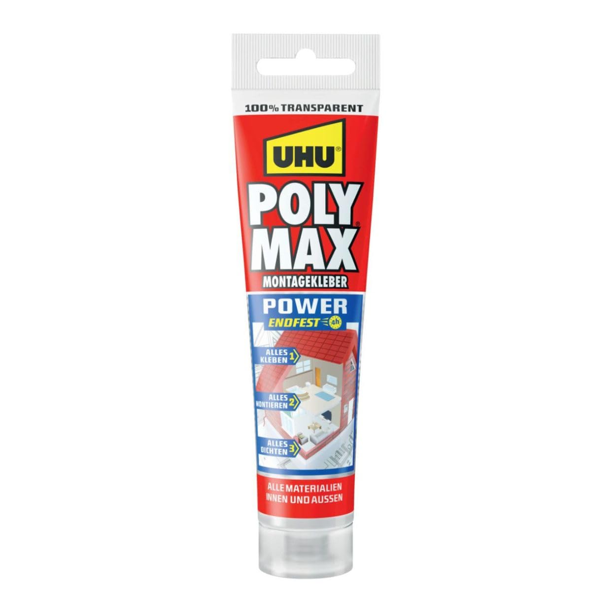 UHU POLY MAX Mounting Adhesive Power Tube, Transparent Mounting Adhesive and Sealant with High Final Strength, 115 g