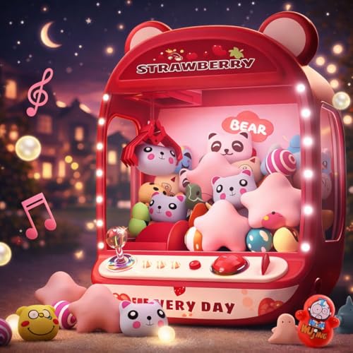 AMIREA Claw Machine for Kids with Unicorn Design Mini Arcade Game Toy with Plush Prizes & Candy Dispenser Electronic Vending Grabber Machine Birthday Christmas Gifts for Girls & Boys (Strawberry)