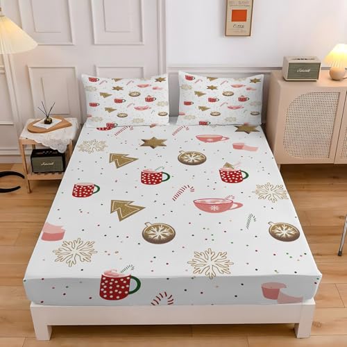 キャンディケーンダブルベッド シーツ雪の結晶ベッドカバー柔らかい通気性マイクロファイバー 3点セット防ダニ高反発 吸水 速乾 抗菌 防臭 防ダニと 2 枕カバー43x63 cm着脱簡単 丸洗い可能 マットレスカバー140x200x30 cm