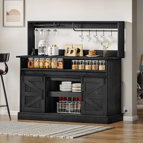 DWVO Farmhouse Buffet Cabinets, 52" Coffee Bar with Goblet Holder & Power Outlet, Sliding Barn Door Sideboard Cabinet for Kitchen & Living Room Storage (Black Oak)