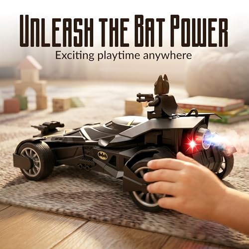 Image of Remote Control Batmobile with Mist Spray, High-Speed LED RC Car, USB Rechargeable, Racing Toy for Boys & Girls 3+, Black
