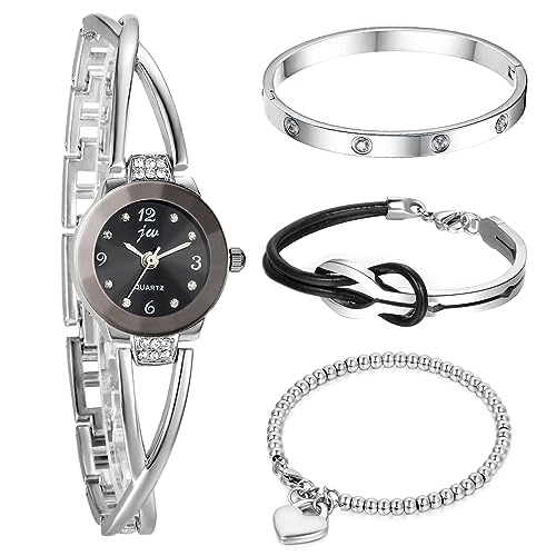 OIDEA 4pcs Damenuhr Armreif Set: Damen Analog Quarz Uhr Metallarmband Strass Zahlen Zifferblatt Silber mit Infinity Leder Edelstahl Armband Herz Perlenarmband Zirkonia Geschenk für Frauen