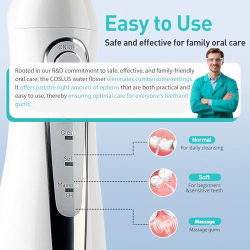 Image of COSLUS ADA Accepted C20 Water Dental Flosser Teeth Pick, 300ML Larger Tank | Portable Rechargeable Oral Irrigator for Orthodontic & Sensitive Gums, Cordless for Travel, Family, Professional Set, White