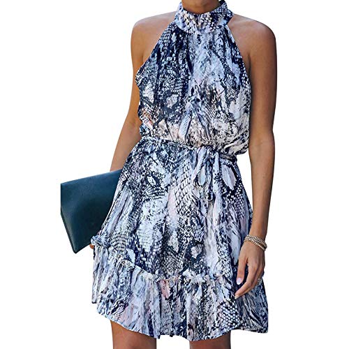 HighlifeS Women's Halter Neck Floral Print Mini Dress with Belt,Sleeveless Loose Ruffle Boho Sundress Party Dress