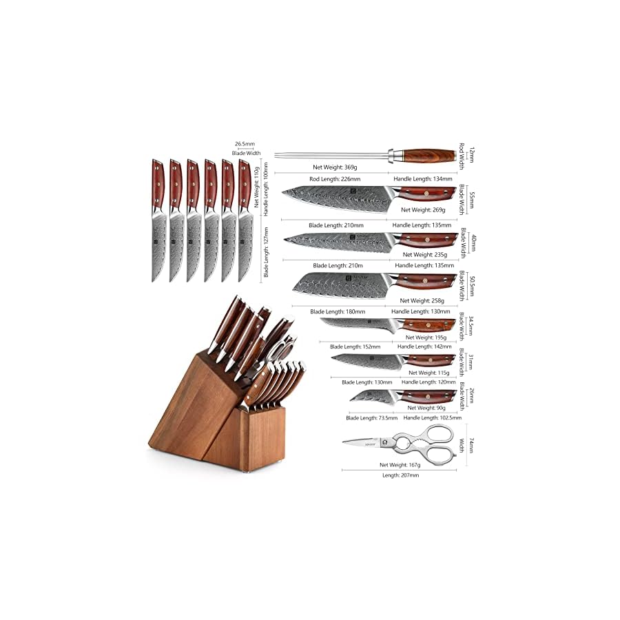 XINZUO-Damascus-15-pc-Kitchen-Knife-Set-with-Acacia-Wood-Knife-Block-67-Layers-Damascus-Steel-Sharp-Professional-Cooking-Knife-Set-Multifunctional-Kitchen-Shears-and-Honing-Steel-Rosewood-Handle XINZUO Damascus 15-pc Kitchen Knife Set with Acacia Wood Knife Block, 67 Layers Damascus Steel Sharp Professional Cooking Knife Set -Multifunctional Kitchen Shears and Honing Steel -Rosewood Handle