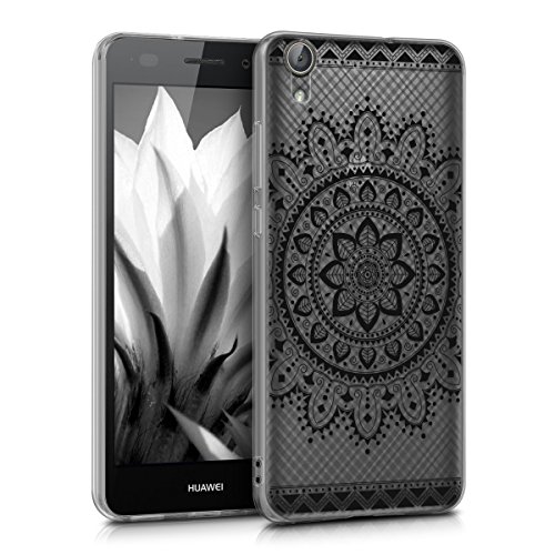 kwmobile Funda Compatible con Huawei Y6 II - Carcasa de TPU y Flores Aztecas en Negro/Transparente