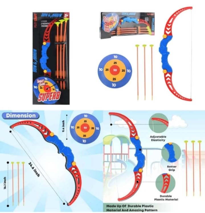 Kids Archery Bow and Arrow Set with Target Board, 3 Arrows, Indoor Outdoor Sports Toy, Blue and Red Pack of 1 2