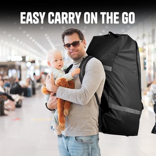Image of Black Car Seat Travel Bag with Zipper for Airplane - Secure, Water-Resistant 900D Fabric with Padded Shoulder Straps, Luggage Tag, Non-Slip Base & 20x20x35 Inch Size (Black)