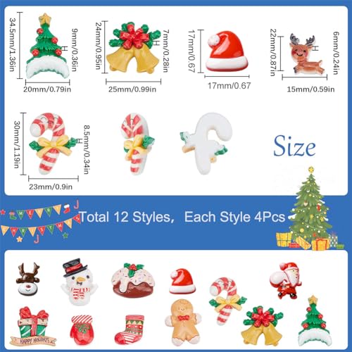 SUNNYCLUE 1 Box 48Pcs 12 Styles Christmas Resin Cabochons Christmas Resin Charms Xmas Tree Snowman Bell Candy Cabochon for Embellishments Headband Scrapbooking Cell Phone Case DIY Craft Party Decor - Image 2