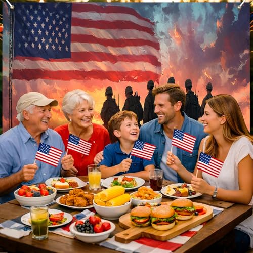 Image of Bliss Yard USA Patriotic Party Backdrop 8 x 6 Ft, American Flag Soldier Theme Banner, Independence Celebration Decor for Outdoor Yard Lawn Porch, Memorial Veterans Tribute Party Supplies