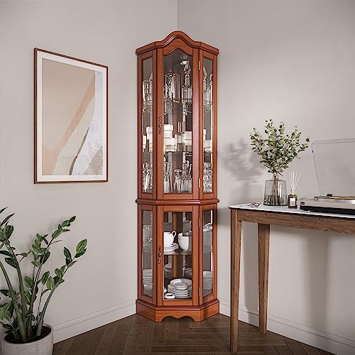 Image of BELLEZE Lighted 3-Side Glass Display Curio Cabinet w /Tempered Glass Doors and Shelves, Curved Wood Corner Cabinet with Bulb, Corner Storage Rack for Living Room and Kitchen (Oak)