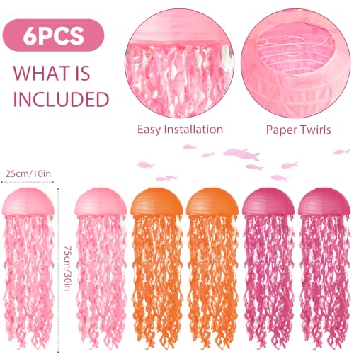 Image of Jellyfish Paper Lanterns 6 Pcs Hanging Ocean Sea Party Decor | Jelly Fish Paper Lanterns for Mermaid Under The Sea, Ocean, Baby Shower and Spongebob Birthday Party Decorations