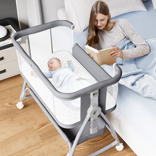 Image of Jixrolyn Bedside Bassinet for Baby, 3 in 1 Baby Bassinet Bedside Sleeper, Height Adjustable Bedside Crib, Rocking Bassinet with Wheels, Storage, Mattress, Mosquito Net, Newborn Portable Bassinet