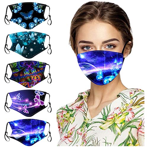 Preisvergleich Produktbild Oliviavane 5 Stück Mundschutz Maske Schwarz Erwachsene Unisex 3D Exquisiter Schmetterlingsdruck Nachtthema Motiv Waschbar Wiederverwendbar Mund und Nasen Maske und Nasenschutz Halstuch mundschutz