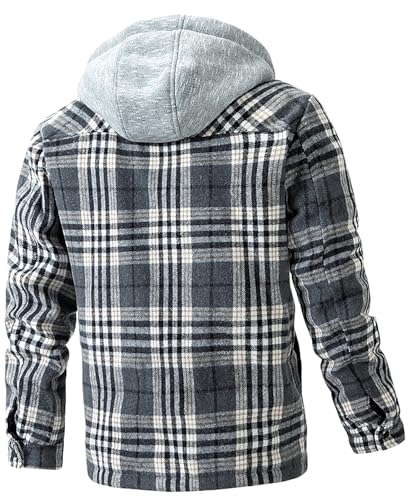 Image of LOUECHY Men's Fleece Lined Flannel Shirt Jacket Plaid Button Down Shirts Jacket with Removable Hood