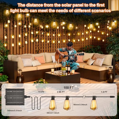 Skoiuc 100FT Solar String Lights Outdoor Waterproof with Remote & Timer, LED Shatterproof ST38 Bulbs, USB & Solar Powered Patio Lights for Backyard, Porch, Garden, Wedding, Christmas Decor — view 2