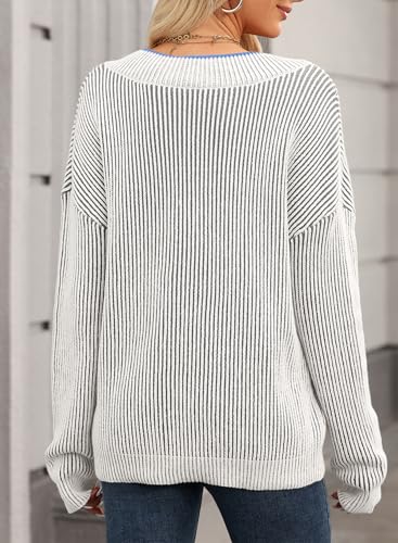 Image of EVALESS Sweater for Women 2024 Fall Trendy V Neck Long Sleeve Pullover Sweaters Loose Casual Color Block Ribbed Knit Tops