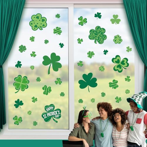 Image of St Patricks Day Window Clings Decorations, Shamrock Decor for Home, Office | 8 Sheets Window Sticker for Glass Windows, Clover Decals for Mirrors, Glass Doors, Reusable Irish Party Indoor Decoration