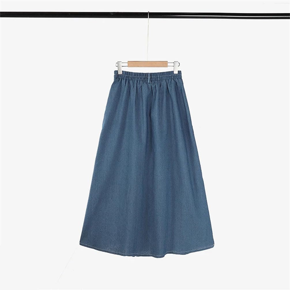 Jupe en denim bleu uni avec taille élastique pour femme - Jupe trapèze décontractée et ample pour le travail