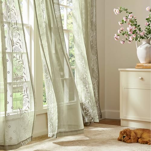 Image of jinchan Winslow Sheer Curtains 96 Inch for Bedroom Living Room Embroidered Bordered Floral Nursery Curtains for Boy's Room Light Filtering Window Treatments, Ivory on Sage, 2 Panels, 50 inch x 96 inch