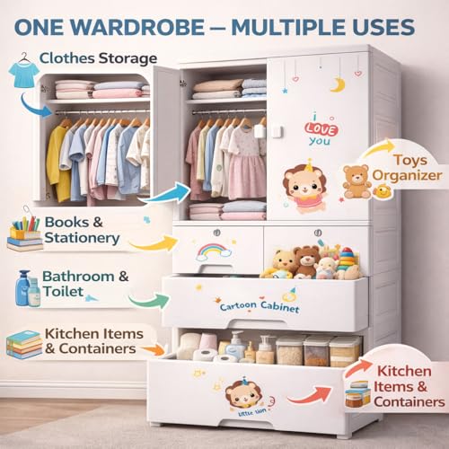 Image of AYSIS Kids Plastic Collapsible Wardrobe Organizer for Storage with Drawers | Cute Cartoon Design | Heavy Duty Cloth Organizer for Storage | Easy to Assemble | Perfect for Kids Room & Home | Lionwhite