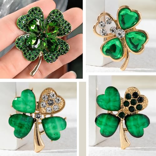 Image of 4 Leaf Clover Brooch Pin for Women St Patricks Day Accessories,Green Crystal Rhinestone Irish Shamrock Clover Pin Brooch Lucky Decor Dress Accessories St Patrick's Day Holiday Christmas Jewelry Gift