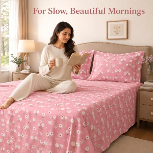 Image of BSB HOME 240 TC Cotton King Size Bedsheet, Premium Soft Breathable Floral Printed Double Bed Sheet, Bed Cover for Bedroom, Durable Bedding, 90 x 100 Inches (229 x 254 cm) - Blush Pink
