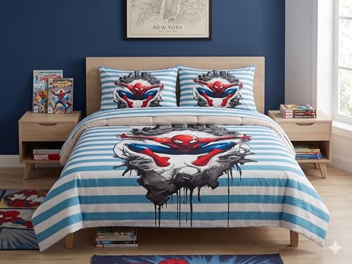 Image of Spider Man 7D Printed Bedsheet for Double Bed | Glace Cotton 7D Digital Print | 90x100 Inch (228x254 cm) | 1 Bedsheet + 2 Pillow Covers | Soft, Breathable & Vibrant Colour Bedding Set