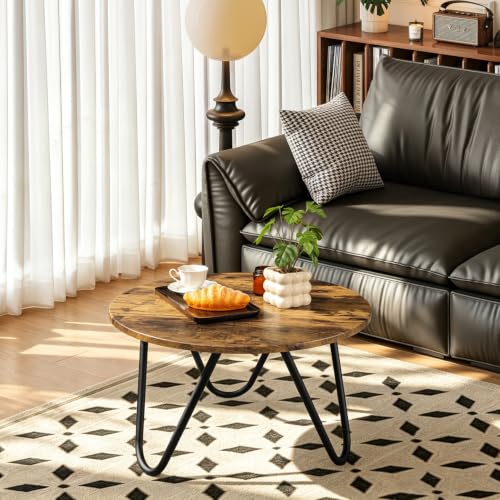 Image of Round Coffee Table Wooden Coffee Tables for Living Room Mid-Century Modern Center Table Wood Grain Desktop and Metal Legs Easy to Assemble Dark Brown