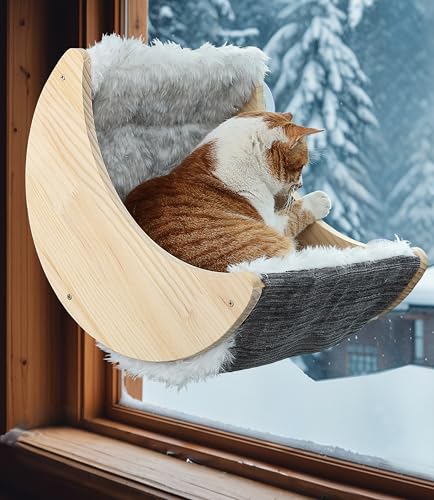 Image of Cat Window Perch, Plywood Moon Bed with 4 Heavy-Duty Suction Cups | Ultra Plush Faux Wool Fur,Window-Mounted, Drill-Free, Up to 40 lb Support, For Small to Medium Cats, Machine-Washable Pad