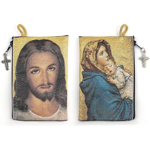 Image of Catholic Rosary Pouch, 4 inch x 6 inch Jewelry & Coin Purse with Cross, Small Woven Tapestry Icon Bag, Bolsa de Rosario Catolico para Joyeria, Virgin Mary and Baby Jesus & Face of Christ, 4 inch x 6 inch