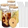 Drinking Glasses with Bamboo Lids and Glass Straw 4pcs Set - 16oz Can Shaped Glass Cups, Beer Glasses, Iced Coffee Glasses, Cute Tumbler Cup, Ideal for Cocktail, Whiskey, Gift - 2 Cleaning Brushes