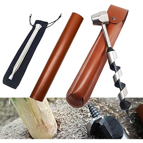 Handbohrer Bushcraft Manueller Schraubenschlüssel, Handbohrer Outdoor Schlangenbohrer Bushcraft mit Holster& Blow Fire Tube, Holzbohrer Scotch Eye für Outdoor/Camping/Bushcraft Settlers Cover