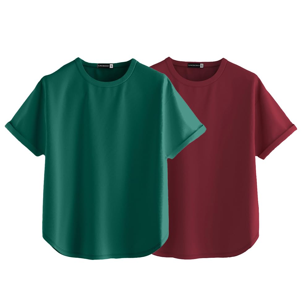 Image of JUNEBERRY Pure 100% Cotton Oversized Loose Baggy Fit Round Neck with Drop Shoulder Half Sleeves Boyfriend T-Shirt Combo for Women & Girls (Pack of 2)