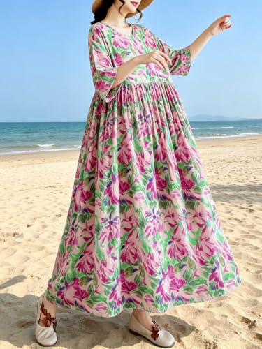 Image of Women Plus Size Casual Dresses Floral Printed O Neck Short Sleeves Summer Oversized Dresses Boho Loose Fitting Wear