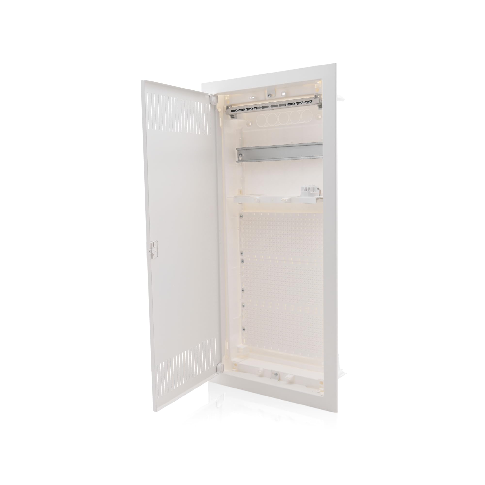 Intratec boîtier multimédia et tableau de distribution combiné encastré, IP30, 717 x 346 x 92 mm, 1 rangée, 12+2 modules, porte en acier blanc RAL 9003, répartiteur de communication