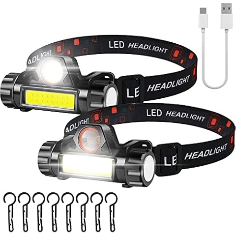 Head Torch, 2 Pack USB Rechargeable LED Head Torches Light IPX4 Waterproof, Battery Powered COB and XPE Head Lamp Flashlight with Magnetic Base for Running Camping Hiking Walking Fishing Hard Hat Cover