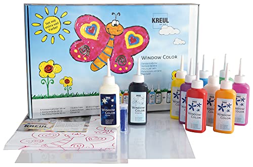 KREUL 42752 - Window Color Fenstermalfarben Set, 10 x 80 ml Farben in Malflaschen, inkl. schwarze Konturenfarbe & Nachtleuchtfarbe, für Kinder, Folien, Glasperlen und Motivvorlagen
