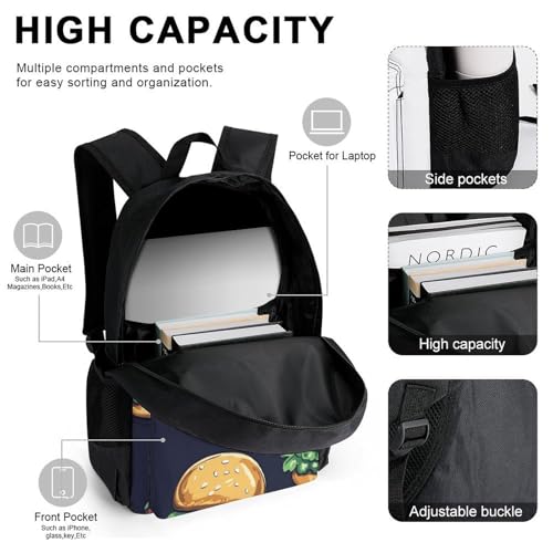 Beef Cheeseburger Hamburger Backpack 3 Set with Lunch Bag Insulated Shoulder Meal Tote Bags Pencil Case Box Casual Daypack4