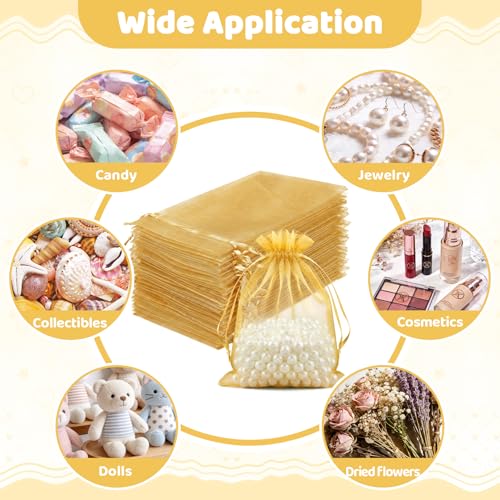 Image of FUNFERY 100Pcs Gold Organza Bags 4x6 in,Small Mesh Drawstring Gift Bag | Little Jewelry Bags for Wedding Party Favors, Mini Drawstring Pouch for Sachet, Candy, Goodie, Treat Bag for Easter Day