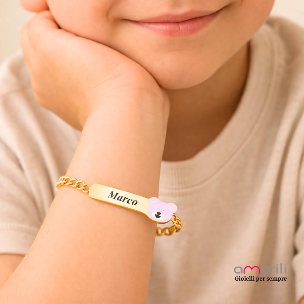 Bracciale Bimbo Bimba Personalizzato Personalizzabile con Incisione Nome in Acciaio Inox Dorato – Ciondolo Orsetto Smaltato – Braccialetto Bambino Bambina Regolabile – Idea Regalo