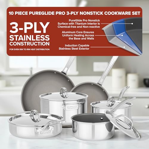 Viking PureGlide Pro 3-Ply Nonstick 10 Piece Cookware Set, Titanium Interior, Oven and Broiler Safe, Induction Ready - Image 2